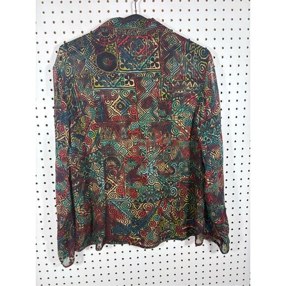 Chico’s 100% Silk sheer Button Up Abstract Pattern Top Shirt Size 2 - Picture 2 of 7
